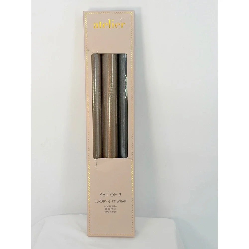 Atelier Luxury Gift Wrap Set of 3 Metallic Textured Paper Rolls 75 SqFt 109-00